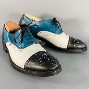 ROBERT CLERGERIE 9 Black White Blue Leather Perforated Spectator Lace-Up Shoes